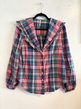 Free People Molly Ruffle Top Size Small Pink Blue Combo Plaid